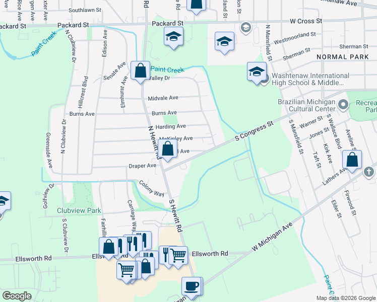 map of restaurants, bars, coffee shops, grocery stores, and more near 2055 Merrill Avenue in Ypsilanti