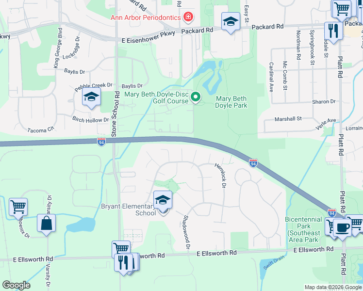 map of restaurants, bars, coffee shops, grocery stores, and more near 8 Faust Court in Ann Arbor