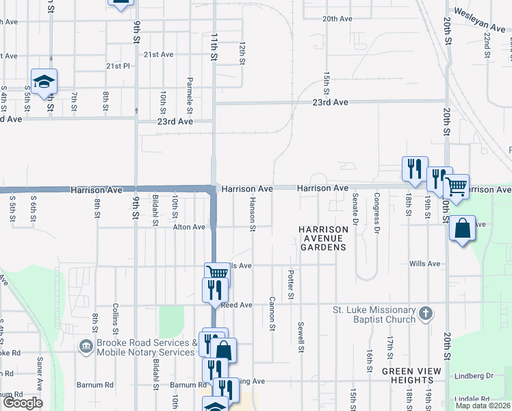map of restaurants, bars, coffee shops, grocery stores, and more near 2621 Hanson Street in Rockford