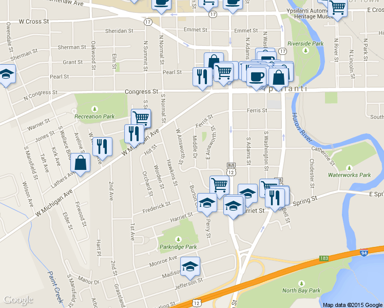 map of restaurants, bars, coffee shops, grocery stores, and more near 208 Middle Drive in Ypsilanti