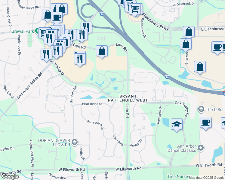 map of restaurants, bars, coffee shops, grocery stores, and more near 1612 Oakfield Drive in Ann Arbor