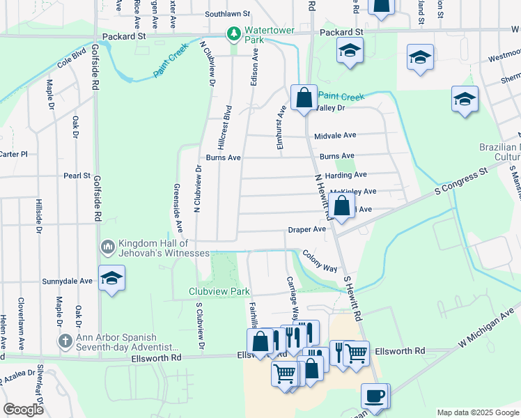 map of restaurants, bars, coffee shops, grocery stores, and more near 2420 Merrill Avenue in Ypsilanti