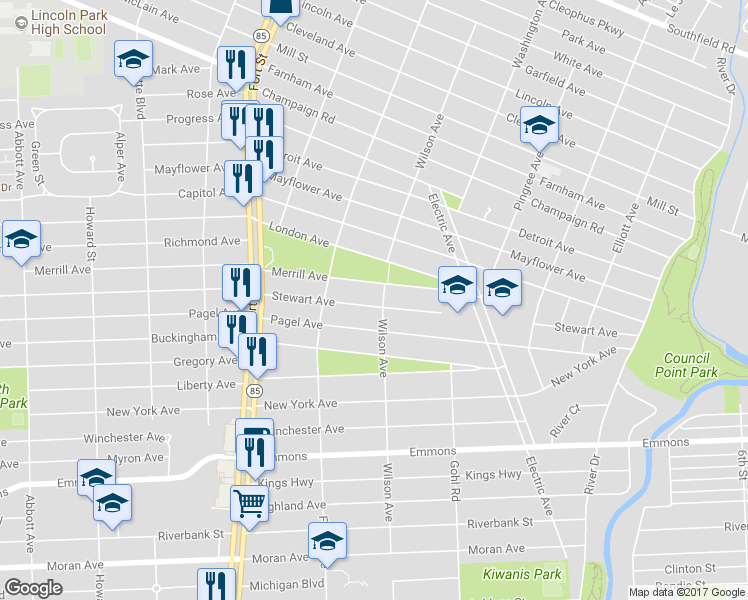 map of restaurants, bars, coffee shops, grocery stores, and more near 916 Stewart Avenue in Lincoln Park