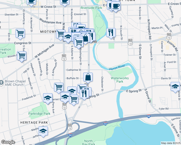 map of restaurants, bars, coffee shops, grocery stores, and more near 305 South Huron Street in Ypsilanti