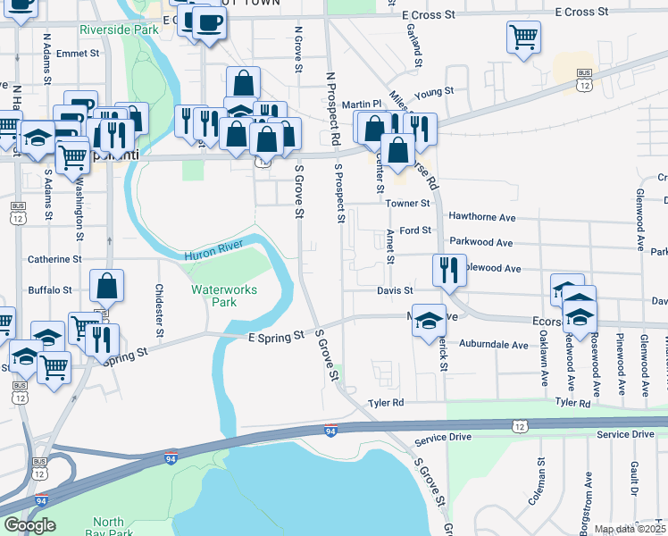 map of restaurants, bars, coffee shops, grocery stores, and more near 148 South Prospect Street in Ypsilanti