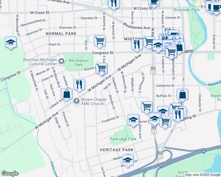 map of restaurants, bars, coffee shops, grocery stores, and more near 321 Worden Street in Ypsilanti
