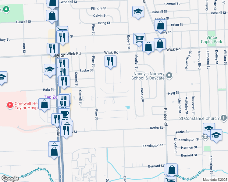 map of restaurants, bars, coffee shops, grocery stores, and more near 9640 Elm Street in Taylor