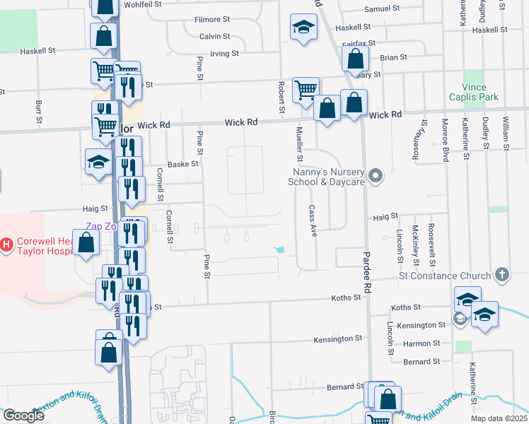 map of restaurants, bars, coffee shops, grocery stores, and more near 9645 Elm Street in Taylor