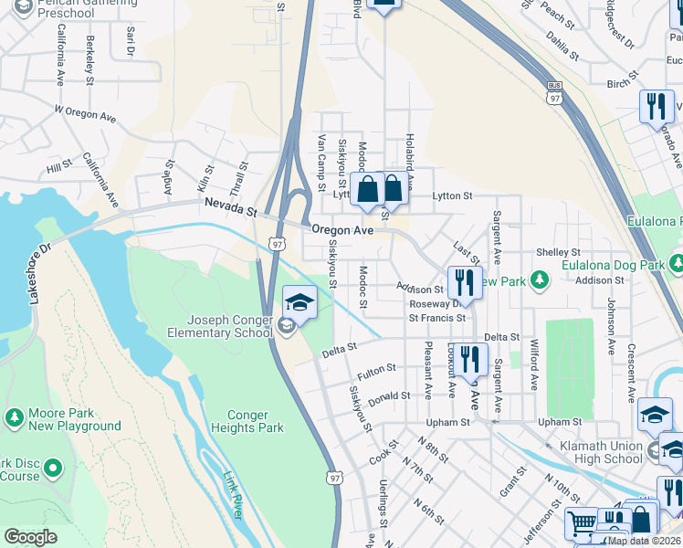 map of restaurants, bars, coffee shops, grocery stores, and more near 1817 Siskiyou Street in Klamath Falls