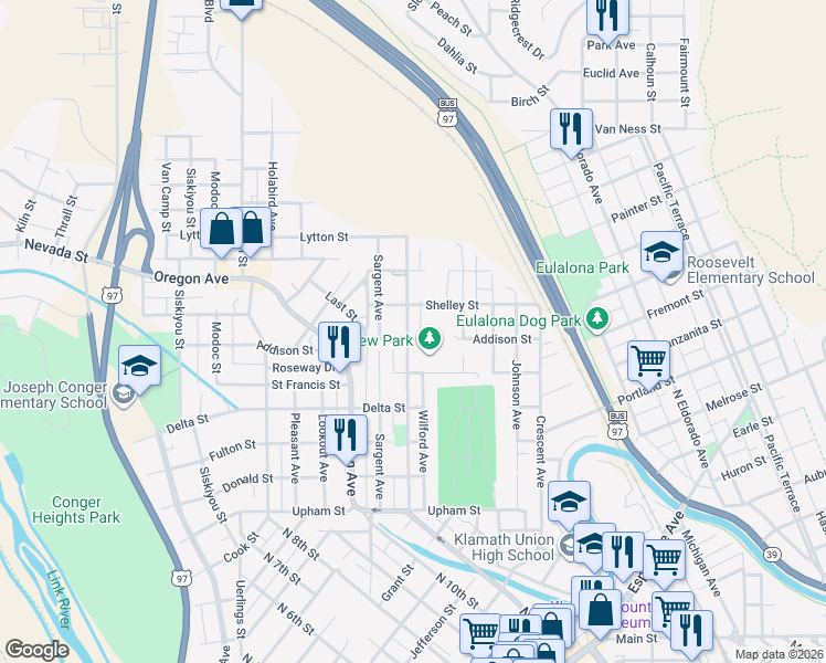 map of restaurants, bars, coffee shops, grocery stores, and more near 1801 Worden Avenue in Klamath Falls