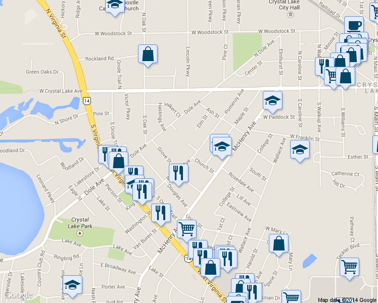 map of restaurants, bars, coffee shops, grocery stores, and more near 140 Pomeroy Ave in Crystal Lake