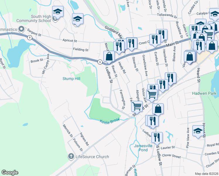 map of restaurants, bars, coffee shops, grocery stores, and more near 20 Ludlow Street in Worcester