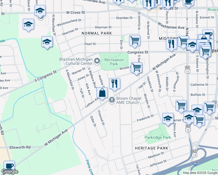 map of restaurants, bars, coffee shops, grocery stores, and more near 327 Aveline Street in Ypsilanti