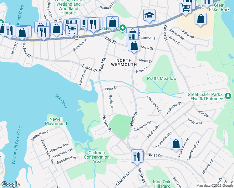 map of restaurants, bars, coffee shops, grocery stores, and more near 88 Saning Road in Weymouth