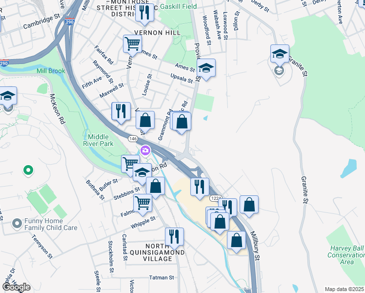 map of restaurants, bars, coffee shops, grocery stores, and more near 31 Ballard Street in Worcester