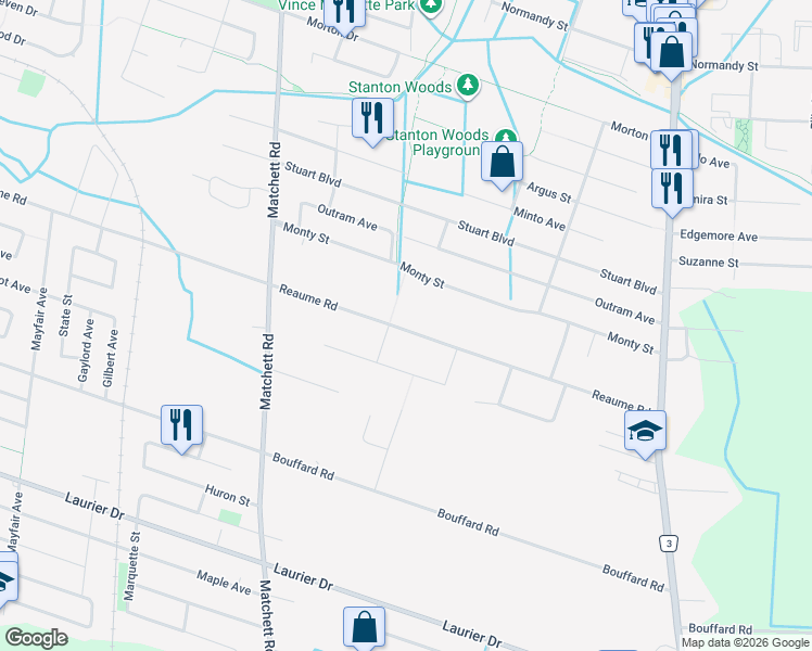 map of restaurants, bars, coffee shops, grocery stores, and more near 1223 Reaume Road in Windsor