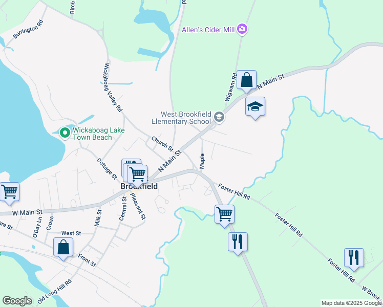 map of restaurants, bars, coffee shops, grocery stores, and more near 15 School Street in West Brookfield