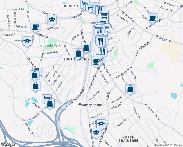 map of restaurants, bars, coffee shops, grocery stores, and more near 98 Federal Avenue in Quincy