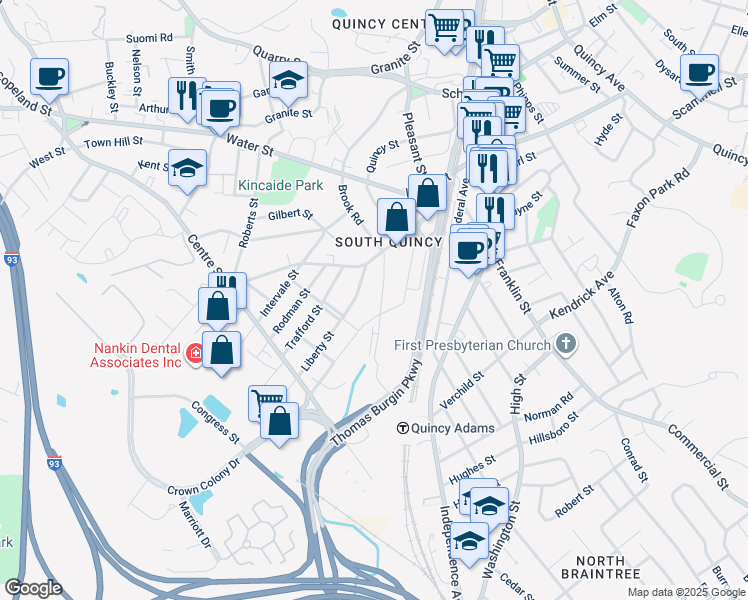 map of restaurants, bars, coffee shops, grocery stores, and more near 25 Columbia Street in Quincy