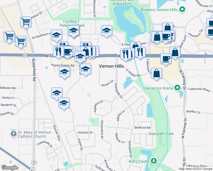 map of restaurants, bars, coffee shops, grocery stores, and more near 502 Atrium Drive in Vernon Hills