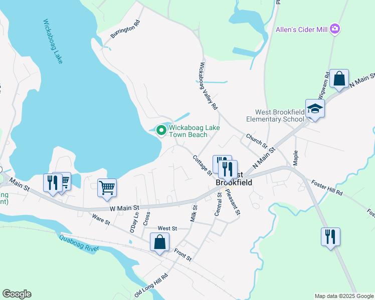 map of restaurants, bars, coffee shops, grocery stores, and more near 50 Cottage Street in West Brookfield