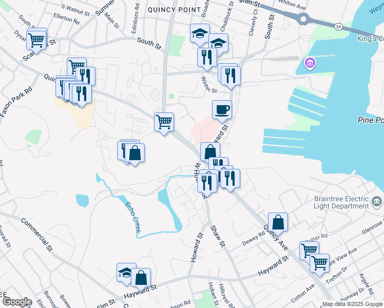 map of restaurants, bars, coffee shops, grocery stores, and more near 15 Bower Road in Quincy