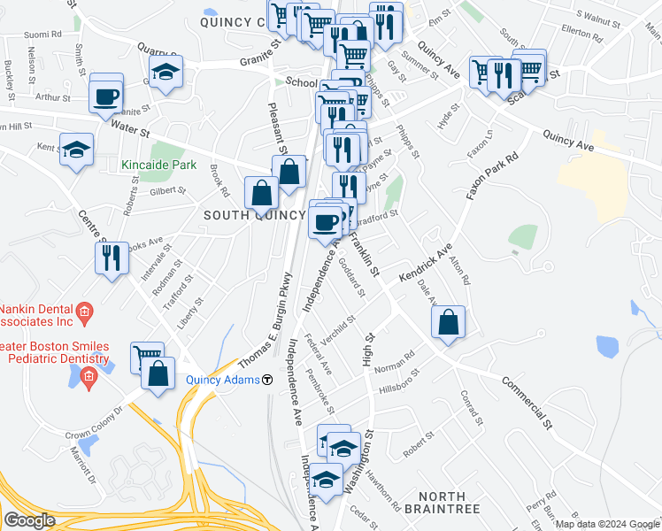 map of restaurants, bars, coffee shops, grocery stores, and more near 46 Independence Avenue in Quincy