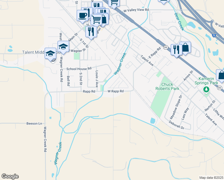 map of restaurants, bars, coffee shops, grocery stores, and more near 2 West Rapp Road in Talent