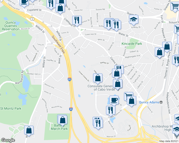map of restaurants, bars, coffee shops, grocery stores, and more near 51 Village Drive in Quincy