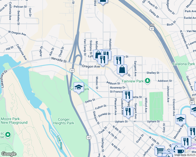 map of restaurants, bars, coffee shops, grocery stores, and more near 405 Addison Street in Klamath Falls