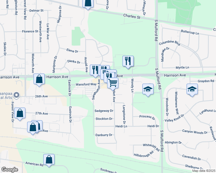 map of restaurants, bars, coffee shops, grocery stores, and more near 5641 Wansford Way in Rockford