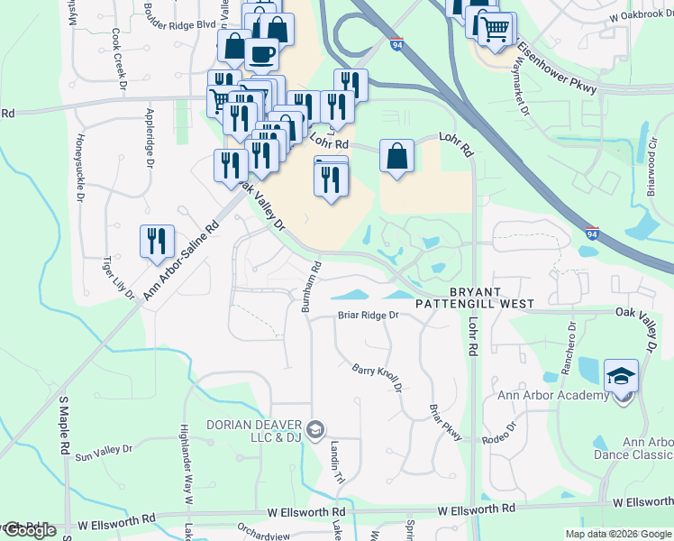map of restaurants, bars, coffee shops, grocery stores, and more near 1736 Weatherstone Drive in Ann Arbor