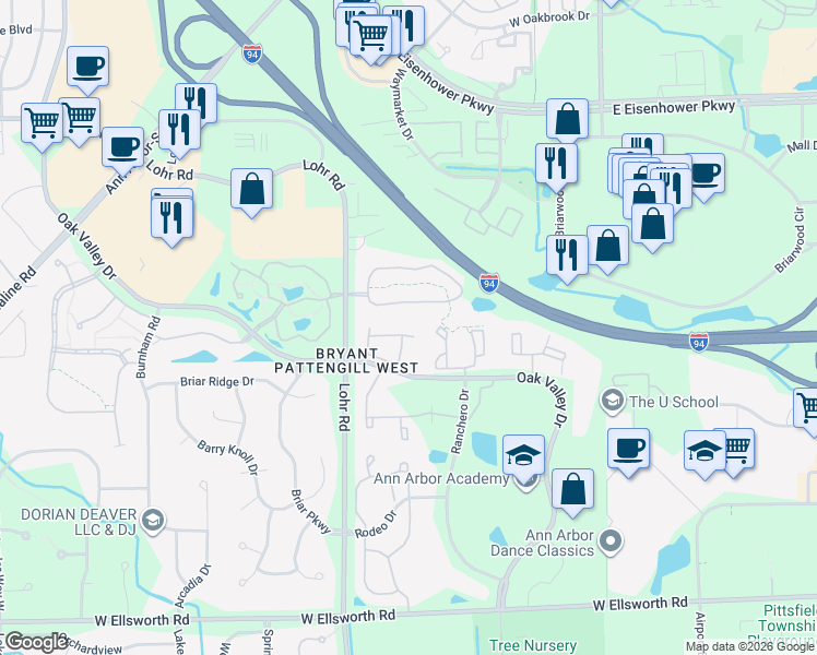 map of restaurants, bars, coffee shops, grocery stores, and more near 1410 Fox Pointe Circle in Ann Arbor