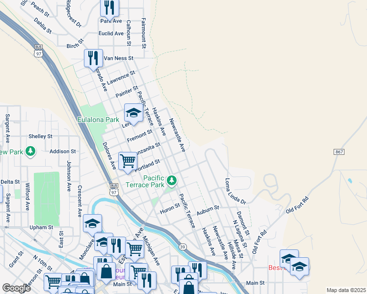 map of restaurants, bars, coffee shops, grocery stores, and more near 2035 Portland Street in Klamath Falls