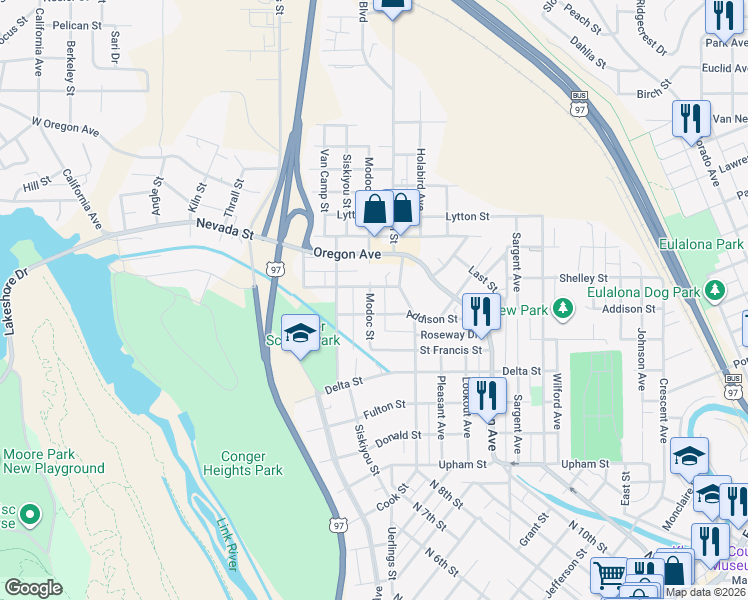 map of restaurants, bars, coffee shops, grocery stores, and more near 405 Addison Street in Klamath Falls