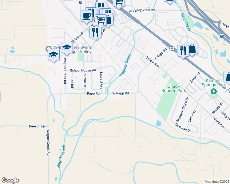 map of restaurants, bars, coffee shops, grocery stores, and more near 2 West Rapp Road in Talent