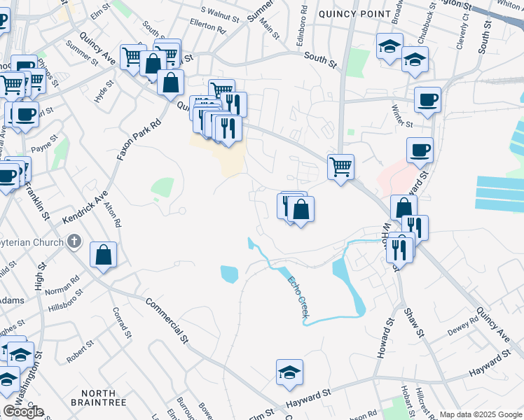 map of restaurants, bars, coffee shops, grocery stores, and more near 12 Falls Boulevard in Quincy