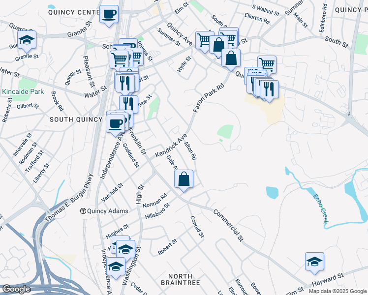 map of restaurants, bars, coffee shops, grocery stores, and more near 21 Alton Road in Quincy
