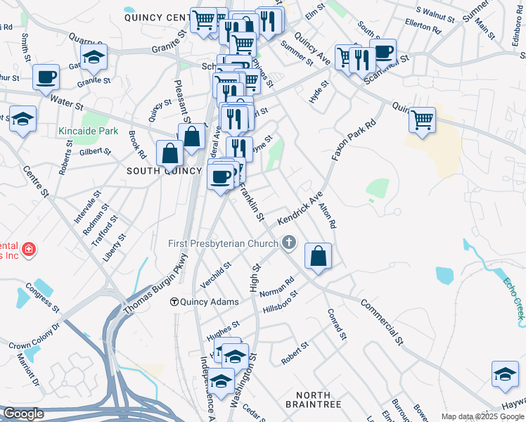 map of restaurants, bars, coffee shops, grocery stores, and more near 211 Franklin Street in Quincy