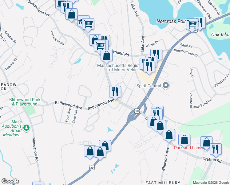 map of restaurants, bars, coffee shops, grocery stores, and more near in Worcester