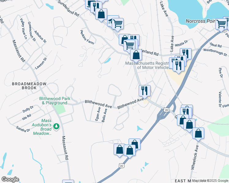 map of restaurants, bars, coffee shops, grocery stores, and more near 86 Oakwood Lane in Worcester