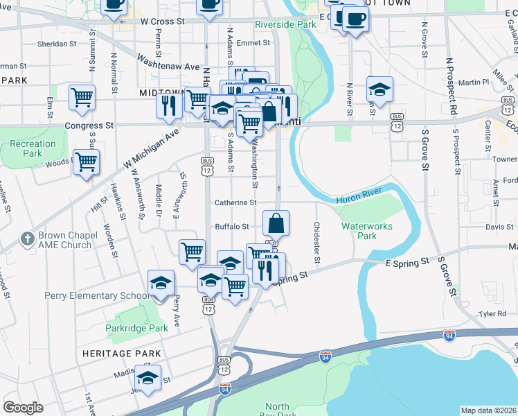 map of restaurants, bars, coffee shops, grocery stores, and more near 305 South Washington Street in Ypsilanti