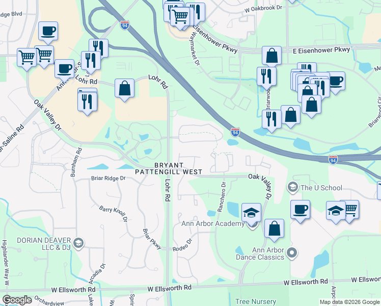 map of restaurants, bars, coffee shops, grocery stores, and more near 1410 Fox Pointe Circle in Ann Arbor