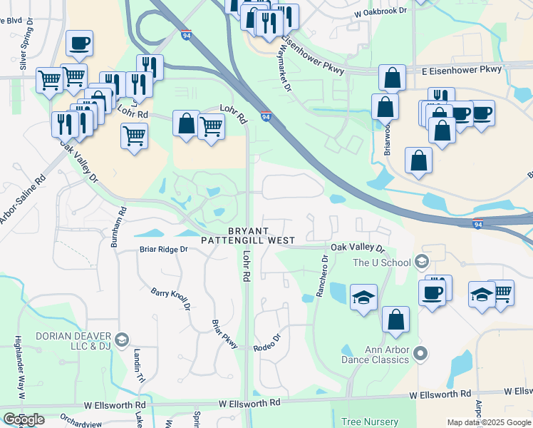 map of restaurants, bars, coffee shops, grocery stores, and more near 1468 Fox Pointe Circle in Ann Arbor