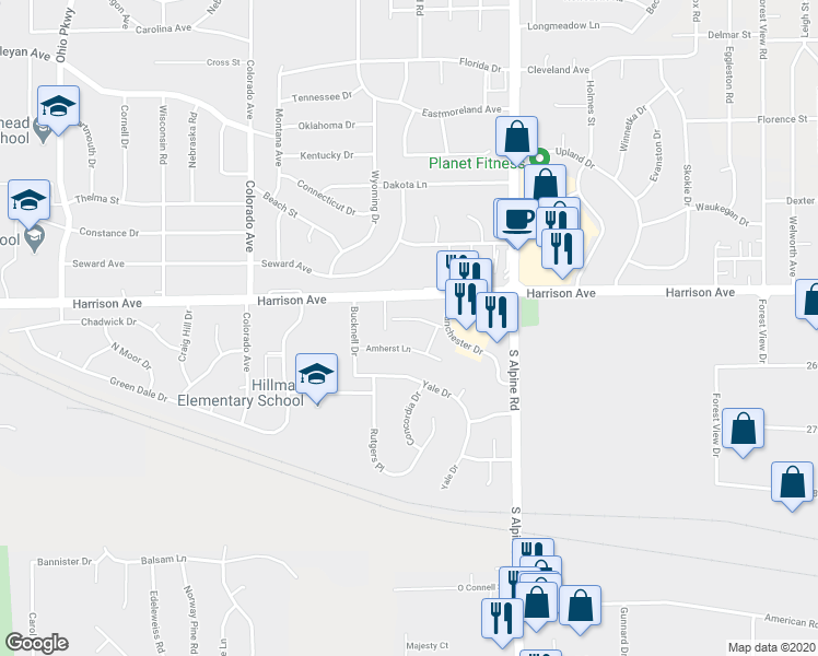 map of restaurants, bars, coffee shops, grocery stores, and more near 4219 Middlebury Avenue in Rockford