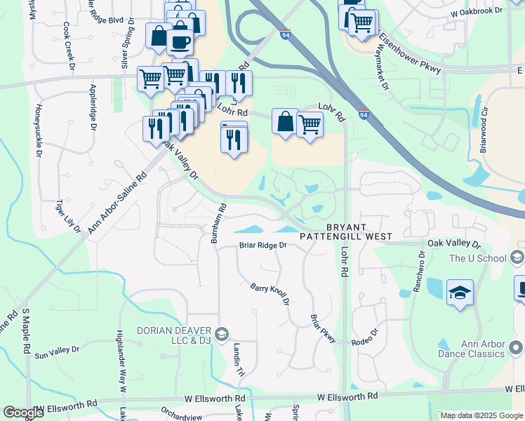 map of restaurants, bars, coffee shops, grocery stores, and more near 1670 Weatherstone Drive in Ann Arbor