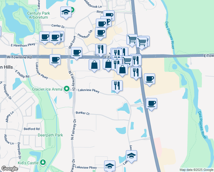 map of restaurants, bars, coffee shops, grocery stores, and more near 565 Lakeview Pkwy in Vernon Hills