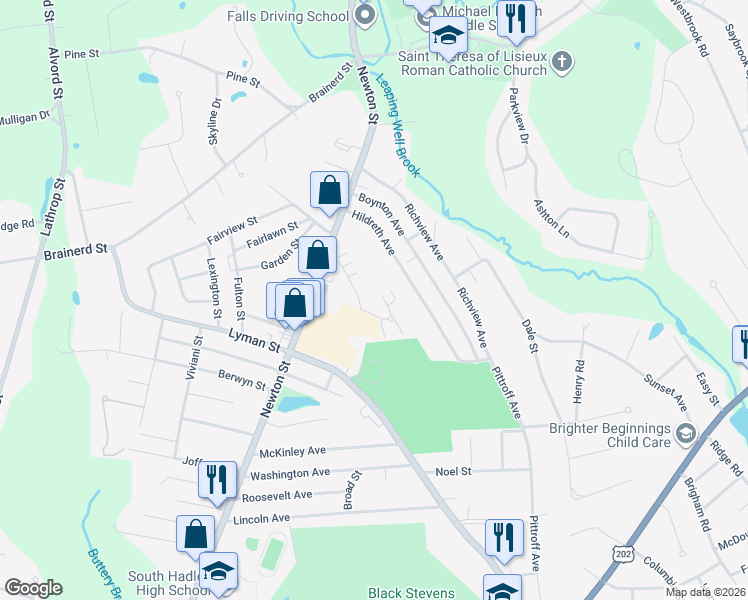 map of restaurants, bars, coffee shops, grocery stores, and more near 132 Stonybrook Way in South Hadley