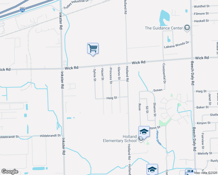 map of restaurants, bars, coffee shops, grocery stores, and more near 9468 Princess Street in Taylor