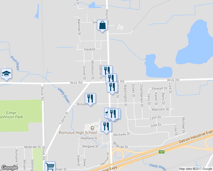 map of restaurants, bars, coffee shops, grocery stores, and more near 9234 Wayne Road in Romulus
